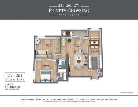 Floor plan for 2 beds, 1.5 baths, 1068 sqft